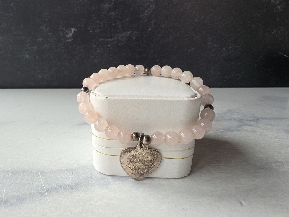 Avon 925 Sterling Silver Rose Quartz Beaded Heart Charm Bracelet Vintage READ